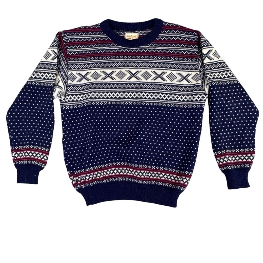 LL Bean Vintage Norway Wool Fair Isle Sweater Mens Medium Navy Nordic OF957
